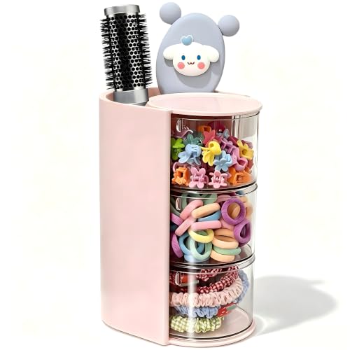 Pink 3-Layer Hair Accessories Organizer with Rotating Hair Brush Holder
