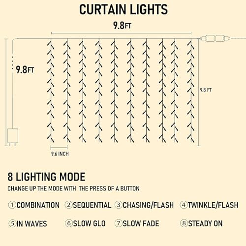 Dazzle Bright 300 LED Curtain String Lights White, 8 Modes, Connectable IP44
