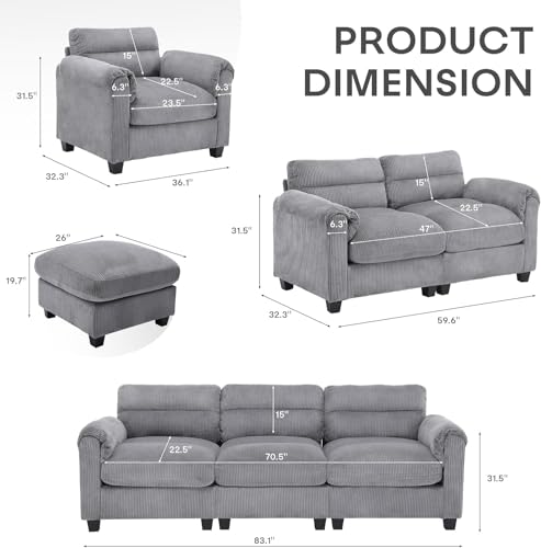 4-Piece Corduroy Living Room Sofa Set with Ottoman, Loveseat and Couch