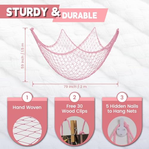 Decorative Cotton Fish Net for Photo Display, 79 x 59 Inch Pink Wall Decor