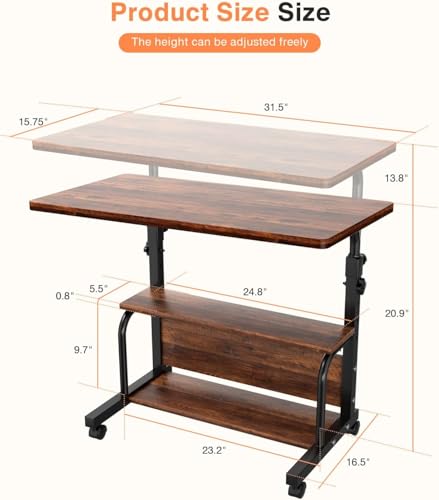 32-Inch Portable Rolling Computer Desk with Storage Shelves & Adjustable Height