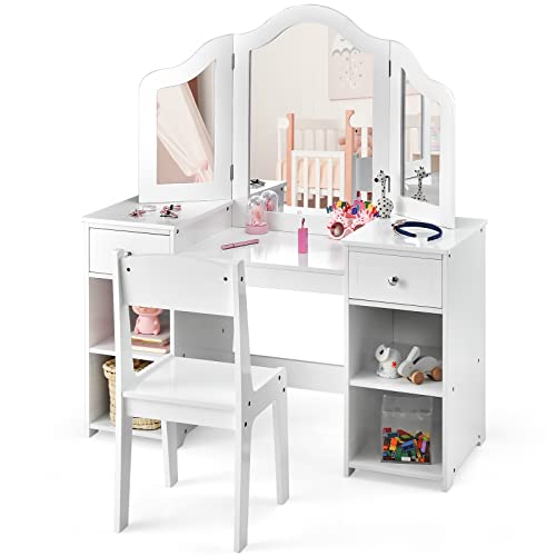 Kids Vanity Table and Chair Set with Tri-Folding Mirror and Storage