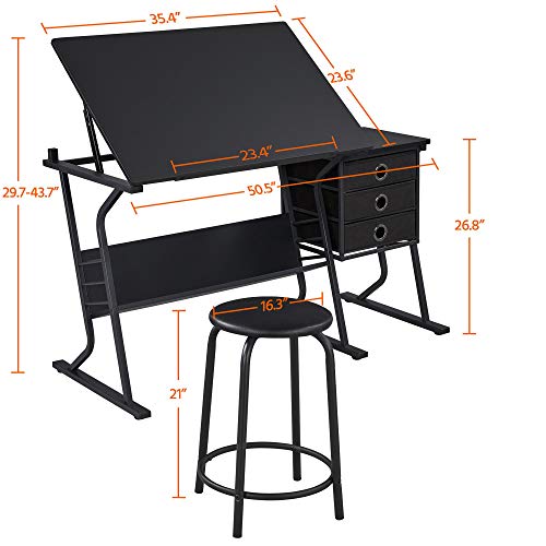 Adjustable Drafting Table with Stool, 3 Drawers and Storage Shelf, Black