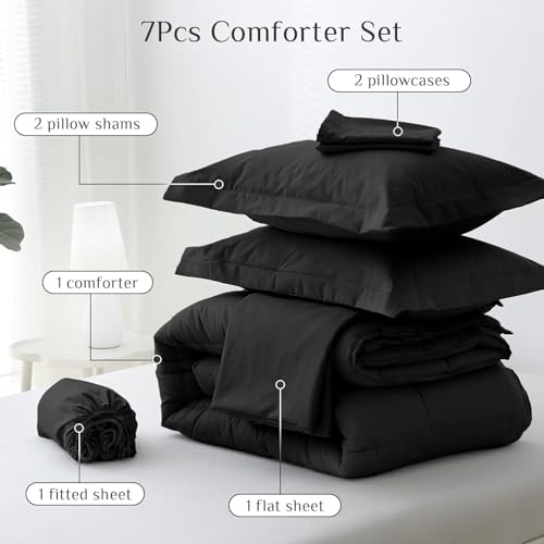 7-Piece Queen Comforter Set - Bed in a Bag with Sheets & Shams, Black
