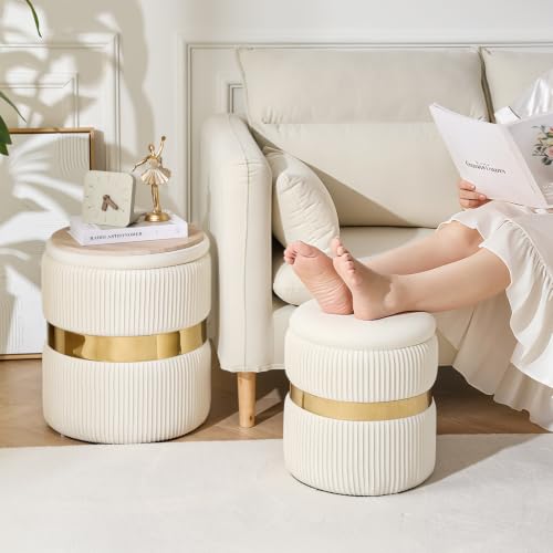 Set of 2 Round Velvet Storage Ottomans with Removable Lids, White