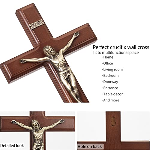 12-Inch Wooden Crucifix Wall Cross with Antique Brass Jesus Corpus
