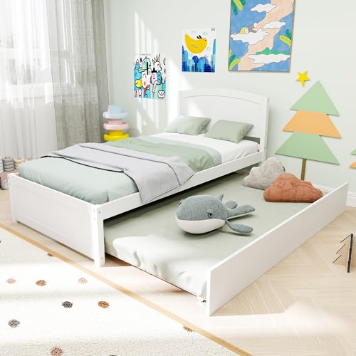 Twin Size Wooden Trundle Bed Frame with Pull-Out Bed - White