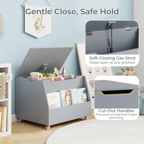 Wooden Kids Toy Storage Chest with Wheels and Soft-Close Lid, Gray