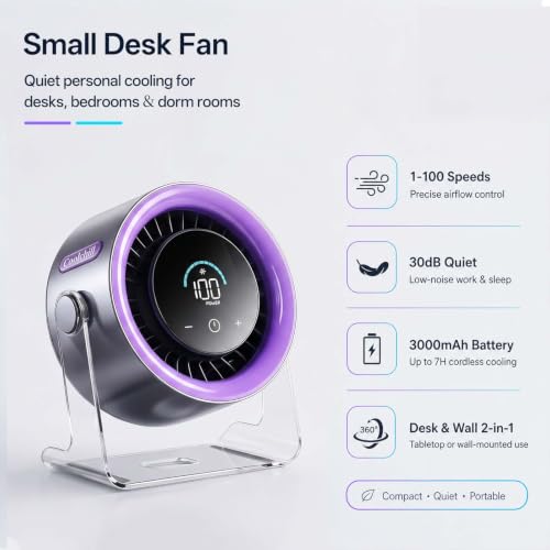 Coolhill USB Desk Fan, 100-Speed Portable Rechargeable Battery Fan