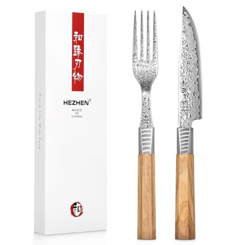 HEZHEN 5.3" Damascus Steel Steak Knife Set with Fork & Olive Wood Handle