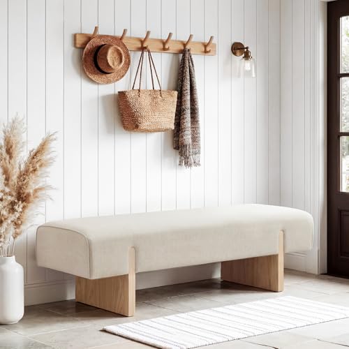 55-Inch Upholstered Bench with Solid Wood Legs, Beige Linen Bedroom Bench