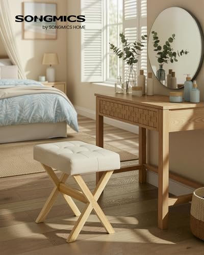 Padded Vanity Stool with X-Shaped Wood Legs, Linen-Look Fabric Makeup Chair