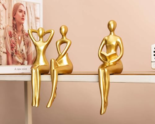 Abstract Gold Thinker Statue Set - Modern Resin Shelf Decor Figurines (3 Pc)