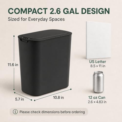 Automatic Small Bathroom Trash Can with Lid 2.6 Gallon Black Touchless Motion Sensor Garbage Can