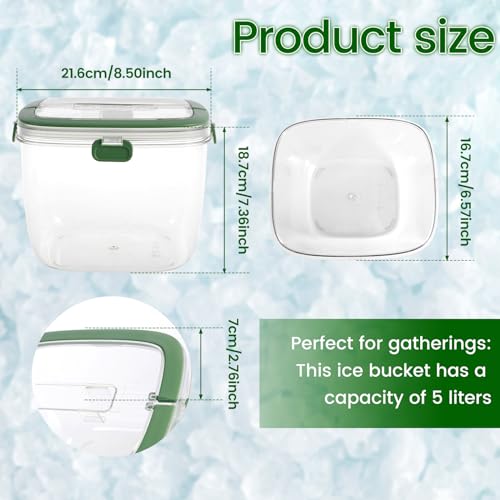 Abizarch Green Hand Ice Bucket 5L with Lid & Tongs - Portable Clear Ice Storage Bin for Freezer, Camping & Parties