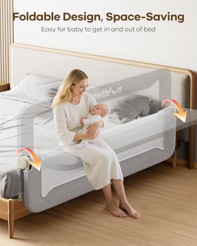 GrowthFun Foldable Toddler Bed Rail 71in Reinforced Safety Guard for Queen