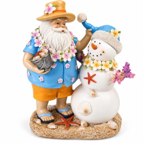 Coastal Hawaiian Santa & Snowman Figurine - 9.4in Beach Christmas Table Decor, Colorful
