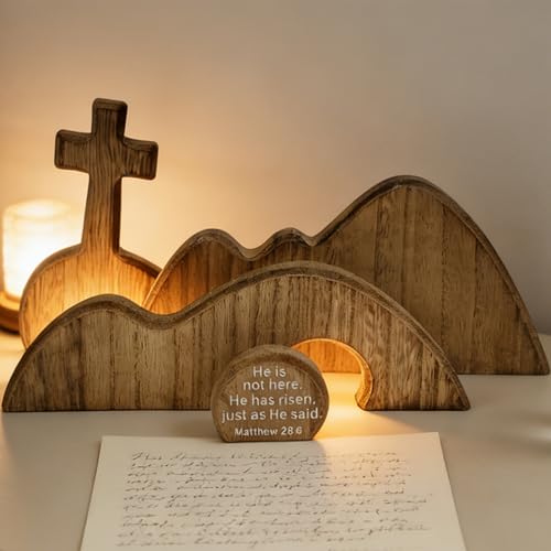 Wooden Empty Tomb Easter Decor - Religious Resurrection Scene Set with Cross