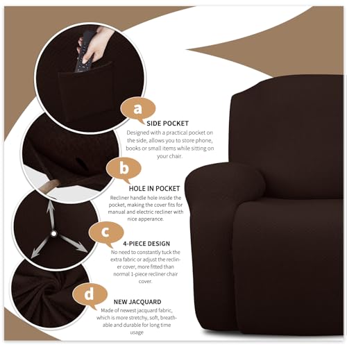 4-Piece Stretch Recliner Chair Covers - Jacquard Fabric with Pocket