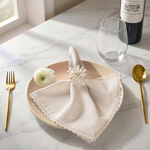 Ivory Lace Cloth Napkins 20x20 Inch - 12 Pack Cotton Linen Blend