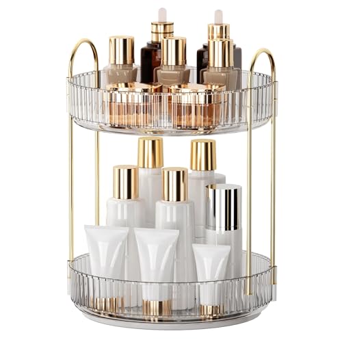 YCIA&DONE 9" x 9" x 12.6" Clear White 2-Tier 360° Rotating Makeup Organizer