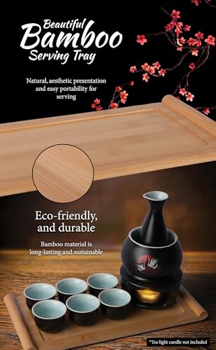 LOONCREST Black Japanese Ceramic Sake Set with Cups Bottle Warmer & Carrying Case