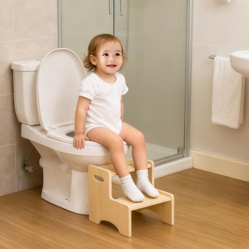 Wooden Two-Step Stool for Toddlers with Non-Slip Pads & Handles