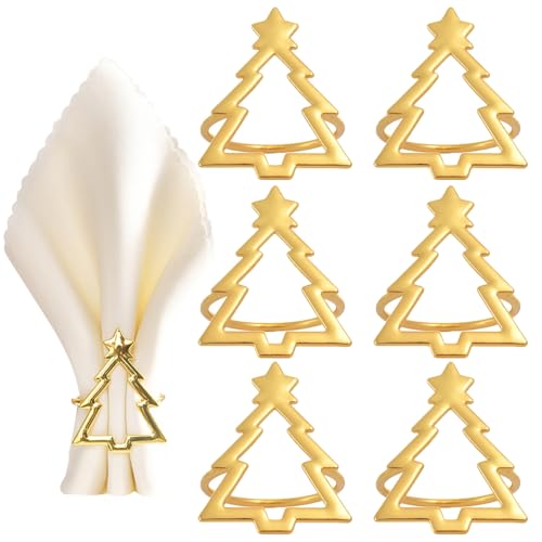 Set of 6 Gold Christmas Tree Napkin Rings for Holiday Table Decor