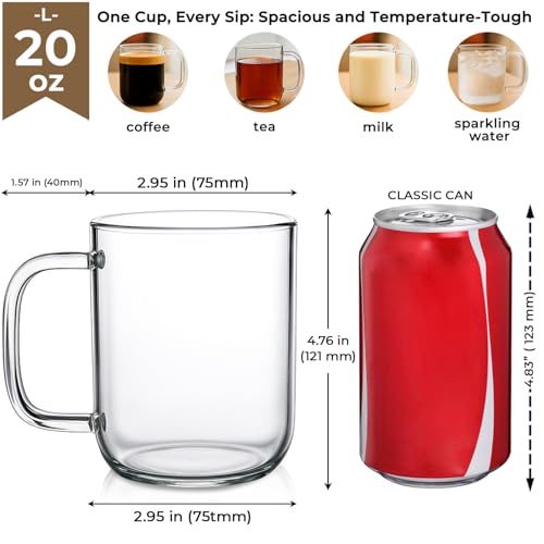 Aquach 20oz Glass Coffee Mug Set of 2 - Borosilicate Clear Drinking Cups with Handle, Microwave Safe, Large Capacity