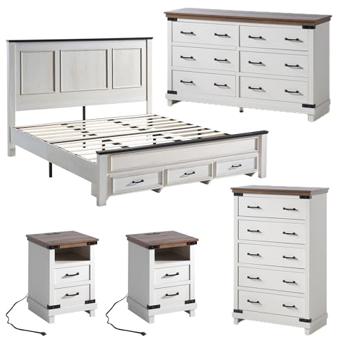 5-Piece Farmhouse King Bedroom Furniture Set with Storage Bed and Charging