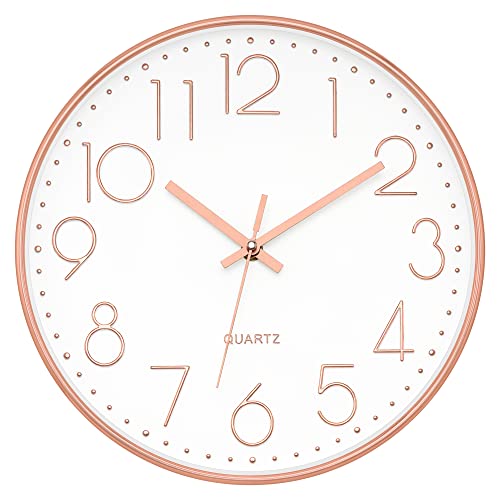12-Inch Modern Silent Wall Clock, Rose Gold Non-Ticking Quartz Clock