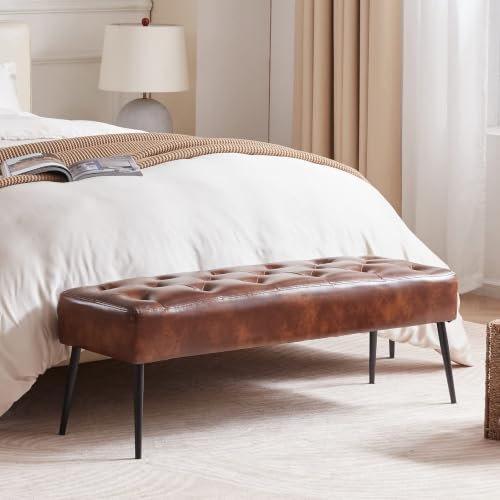 Button-Tufted Upholstered Ottoman Bench, Faux Leather Bedroom Footrest Stool