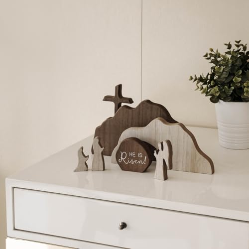 Wooden Easter Empty Tomb Scene Decor - He Is Risen Resurrection Figurine Set
