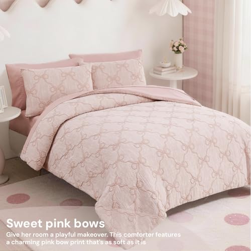 5-Piece Twin XL Comforter Set - Pink Bow Bedding for Girls