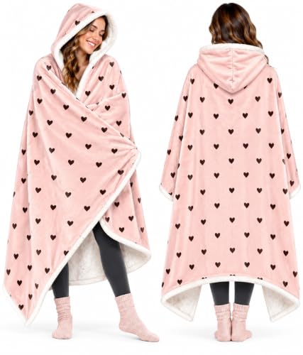 Pink Hearts Print Mother’s Day Gift Blanket Hoodie with Socks - Ultra Soft Oversized Sherpa Wearable Blanket