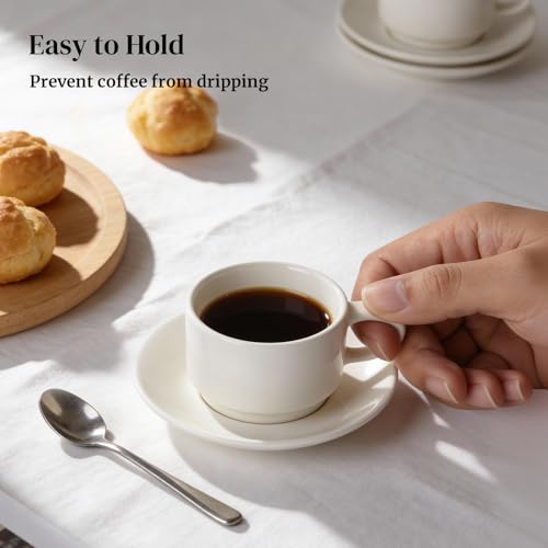 DOWAN White 2.5 oz Stackable Espresso Cups & Saucers Set of 4