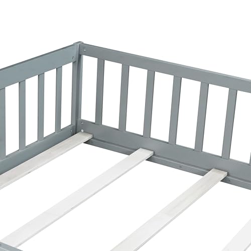 Full Size Montessori Floor Bed with Guardrails and Door, Kids Wood Bed Frame