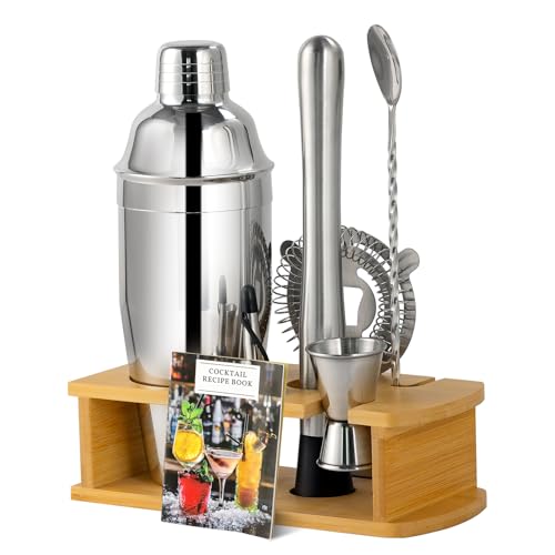 ZPUFAW 8-Piece Cocktail Shaker Set with Wooden Stand - Bar Tool Kit