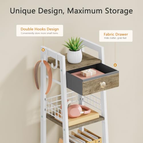 3-Tier Narrow Bathroom Ladder Shelf with Storage Drawer and Hooks, White
