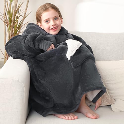 Touchat Grey Wearable Blanket Hoodie for Kids & Teens 6-13, Oversized Sherpa Fleece with Pocket