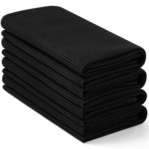 100% Cotton Waffle Weave Kitchen Towels - 4 Pack, Black, 16 x 26 Inches