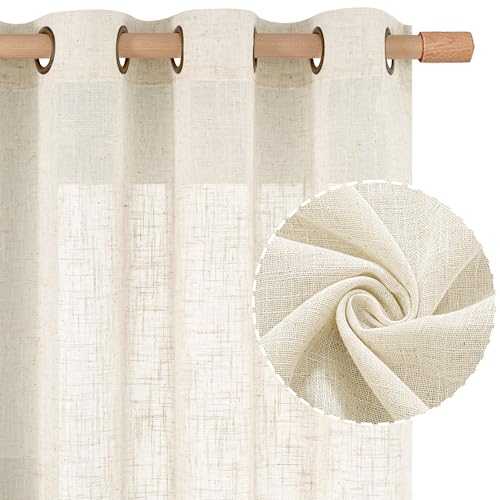 Ivory Semi Sheer Linen Curtains 84 Inch - Light Filtering Drapes (Set of 2)