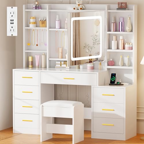 Large Makeup Vanity Desk with Lights, Mirror, Stool and Charging Station
