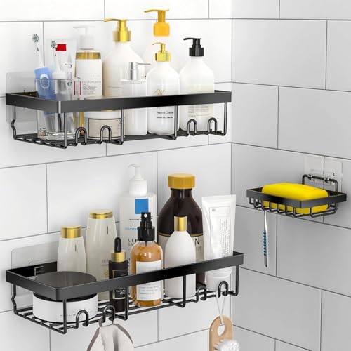3-Pack Rustproof Shower Caddy Set with Soap Holder, Adhesive Wall Shelves