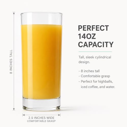 Godinger Italian-Made Tall Highball Glasses Set of 4 - 14oz Drinking Glassware