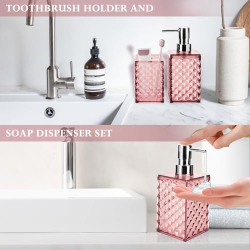 2-Piece Pink Bathroom Accessory Set, Diamond Pattern Soap Dispenser