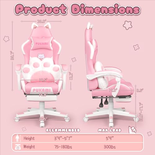 Kawaii Pink Gaming Chair with Cat Ears, Footrest and Lumbar Support