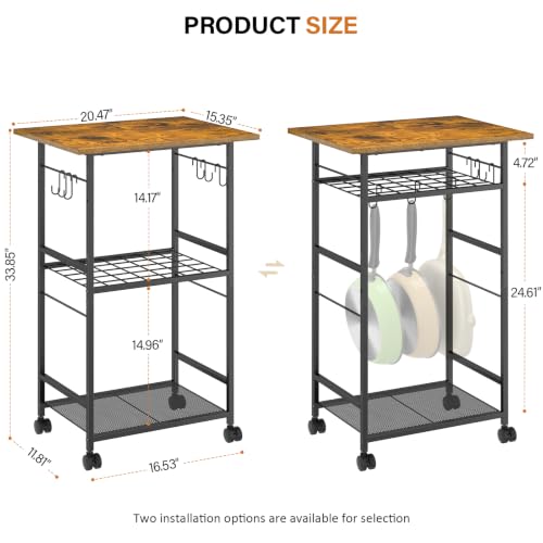 3-Tier Rolling Kitchen Microwave Cart with Adjustable Shelf & Hooks
