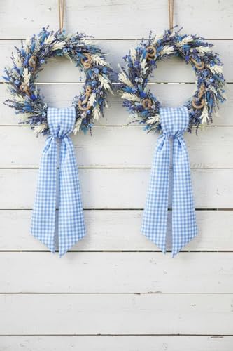 Blue and White Checkered Wreath Sash (2-Pack) - 54" Plaid Front Door Ribbon