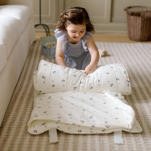 Organic Cotton Toddler Nap Mat with Removable Pillow and Attached Blanket
